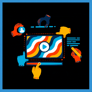 Animation showing the many hands and hats involved in the video production process